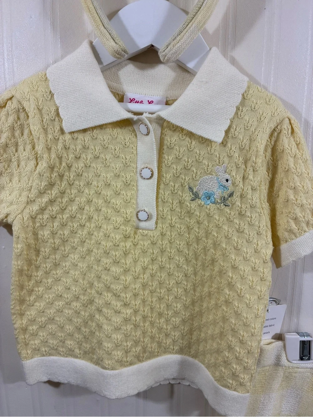 Little Lass Yellow and White Knit Polo Top with Matching Check Skirt